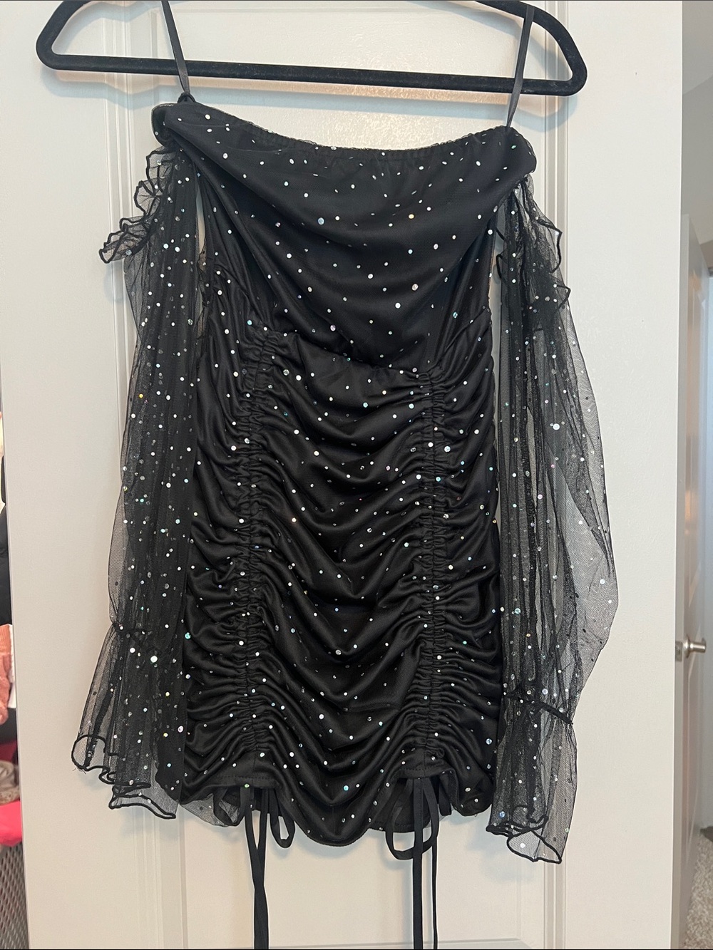 Shein Black Ruched Sparkle Sequin Mesh Mini Dress